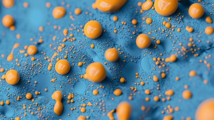 Poster - Orange bubbles are rising from a blue textured surface, creating an abstract and visually appealing scene with a focus on texture and color contrast