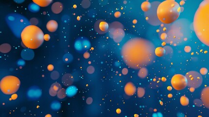 Poster - Orange spheres are floating in a blue abstract background with glitter, creating a festive and celebratory atmosphere, perfect for technology, innovation, or futuristic concepts