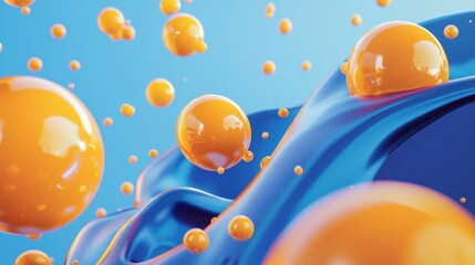 Poster - Orange spheres are floating and bouncing on abstract blue waves, creating a dynamic and visually appealing scene in this captivating 3d render