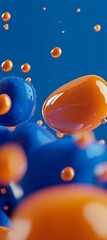 Poster - Orange and blue viscous spheres are floating and interacting on a vibrant blue background, creating a visually captivating abstract composition