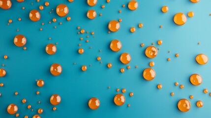 Poster - Orange viscous liquid drops of different sizes are creating an abstract pattern on a textured blue background, offering a vibrant and contrasting visual