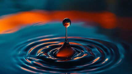 Poster - Water drops falling and creating intricate ripples, generating colorful reflections on a dark blue and vibrant orange liquid surface, showcasing dynamic fluid motion and beautiful patterns