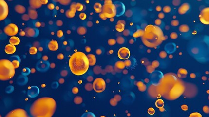 Poster - Golden and blue spheres with visible particulate matter floating in dark space represent nanotechnology, medical research, or other scientific concepts