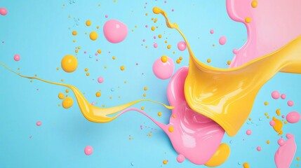 Poster - Pink and yellow paint is splashing, creating a dynamic abstract composition on a light blue background, with droplets and swirls adding to the artistic effect