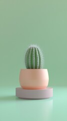Poster - Small round green cactus sits in a peach-colored pot on a small, round, light purple stand, all set against a light green background, creating a minimalist and stylish botanical scene
