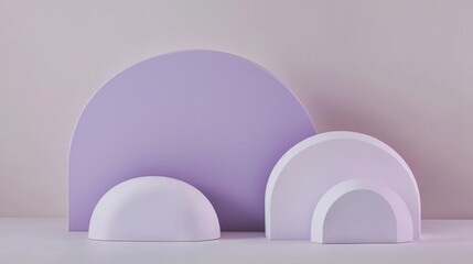 Poster - Pastel purple and white semi-circular shapes are arranged on a light background, creating a minimalist and modern still life composition with an abstract aesthetic