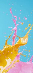 Poster - Pink and yellow paint is splashing on a light blue background, creating a vibrant and dynamic abstract composition with drops and splashes frozen in motion