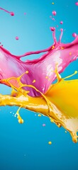Poster - Pink and yellow paint splashing together against a light blue background creates a vibrant, dynamic abstract image, showcasing a beautiful collision of colors in fluid motion