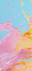 Poster - Pink and yellow liquids are splashing and mixing together against a light blue background, creating a vibrant and dynamic abstract scene with droplets and swirls