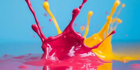 Poster - Splashing magenta and yellow paint mixes energetically on a light blue background, creating a dynamic and vibrant abstract scene filled with color and fluid motion