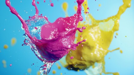 Poster - Pink and yellow paint splashing and mixing together against a light blue background, creating a vibrant and dynamic abstract image with drops and splashes