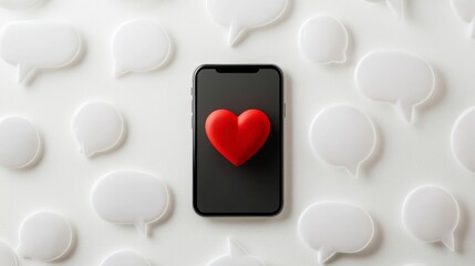 Poster - Red heart symbol displayed on a smartphone screen surrounded by speech bubbles representing online communication, dating apps, social media, and virtual love