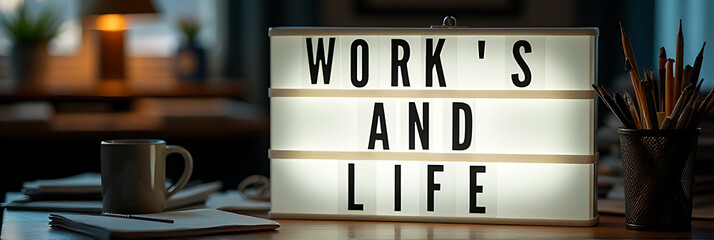 Aufkleber - Work and life concepts are displayed on a light box in a cluttered home office, promoting positive emotions towards success._00002_