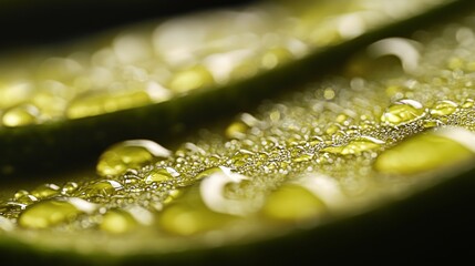 Poster - Glistening water droplets resting on a vibrant green surface create a captivating close-up, showcasing the intricate beauty of nature and the essence of freshness and purity