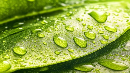 Poster - Capturing sparkling water droplets resting on a vibrant green leaf, creating a refreshing and natural scene filled with beauty and life, showcasing the essence of spring