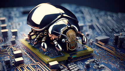 Poster - Beetle attacks and destroys electronics. Concept of computer virus and malicious software code.