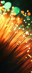 Poster - Fiber optic cables transmit data as colorful lights glow in the background, creating a dynamic representation of modern communication technology