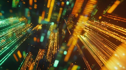 Poster - Orange and green particles are flowing in cyberspace, creating a dynamic and abstract representation of data transfer and digital communication