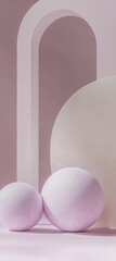 Poster - Two pink spheres sit on a pink surface, with a large off-white circle and a white arch in the background, creating a serene and minimalist composition