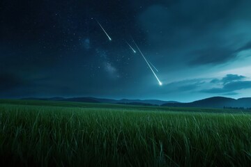 Wall Mural - a field of grass with a sky full of stars and a shooting star