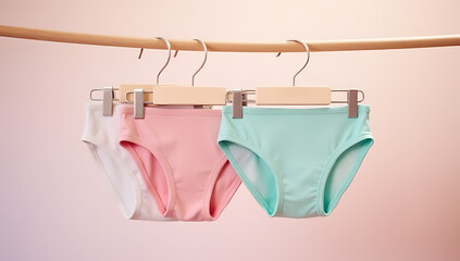Poster - Underwear is displayed on hangers against a soft pastel colored background in a context of household chores and laundry._00003_