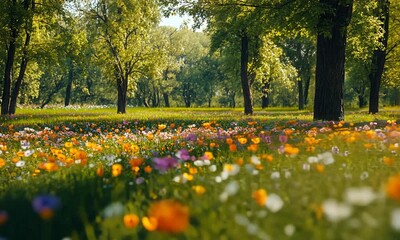 Wall Mural - vibrant flower field surrounded by lush greenery.
