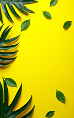 Fototapete - Tropical leaves scatter across a bright yellow tabletop, creating a unique workspace design and flat lay aesthetic in home office settings._00001_