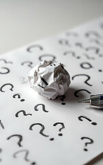 Leinwandbilder - Thinking about questions and answers while trying to organize ideas on a piece of paper with a crumpled up pen or pencil ball._00002_