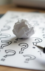 Leinwandbilder - Thinking about questions and answers while trying to organize ideas on a piece of paper with a crumpled up pen or pencil ball._00001_