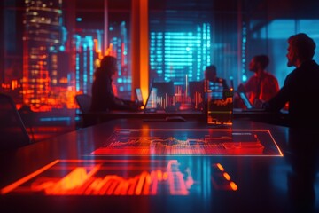 Fototapete - A team collaborates in a modern workspace, analyzing data with digital interfaces.