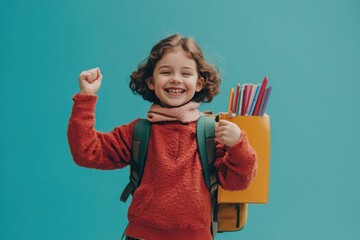 Aufkleber - A cheerful child with a backpack full of school supplies, celebrating learning.