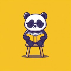 Poster - A cartoon panda wearing glasses sits on a stool, reading a book against a yellow background.