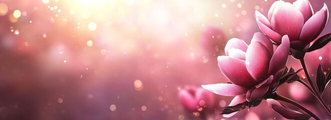 Fototapete - A serene image of pink flowers with a soft, dreamy background of light and bokeh.
