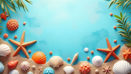 Poster - Summer vibes abound in this abstract design featuring seashells, starfish, and beach decorations against a textured oceanic backdrop._00002_