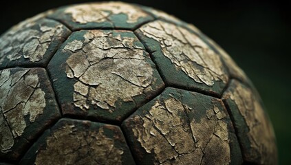 Aufkleber - A close-up of a weathered soccer ball, showcasing its cracked surface and worn texture.