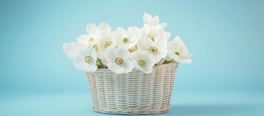 Poster - A woven basket filled with white flowers against a light blue background.