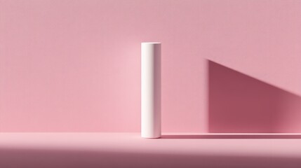 Poster - White cylinder on pink background, casting a shadow to the right, minimalistic and modern aesthetic with clean lines and soft color contrast.