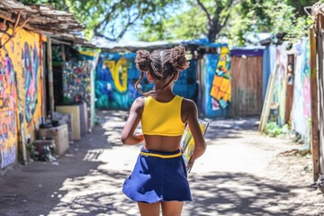 Poster - A girl walks through a vibrant alleyway adorned with murals, carrying a colorful item.