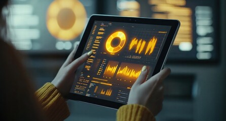 Fototapete - A person using a tablet displaying data visualizations and analytics in a tech-focused environment.