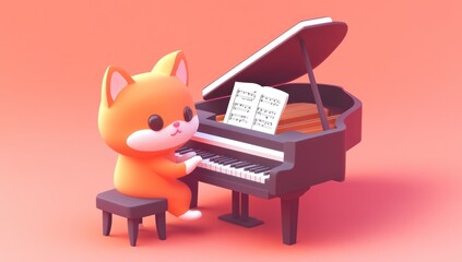 Poster - A cute orange cat playing a grand piano in a whimsical setting.