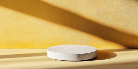 Leinwandbilder - A minimalist display platform against a yellow wall, emphasizing simplicity and design.