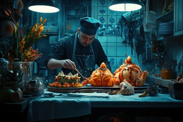 Aufkleber - A chef meticulously decorates intricate fruit sculptures in a dimly lit kitchen.