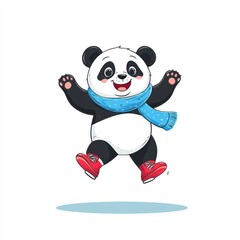 Aufkleber - A cheerful panda character wearing a blue scarf and red shoes, jumping joyfully.