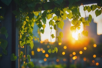 Poster - Lush green leaves framing a sunset with bokeh lights in the background.