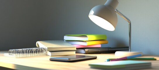 Aufkleber - A desk with a lamp, books, a tablet, and stationery, ideal for study or work.
