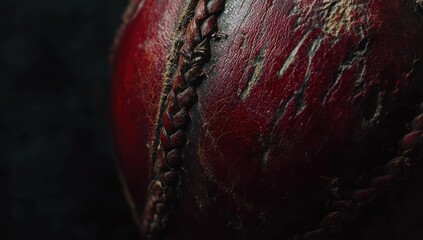Poster - A close-up of a worn, red cricket ball showcasing its texture and stitching.