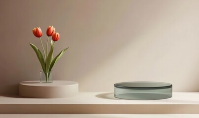 Poster - A minimalist arrangement featuring tulips in a vase and a glass surface.