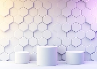 Aufkleber - A minimalist display with three white pedestals against a hexagonal patterned wall.