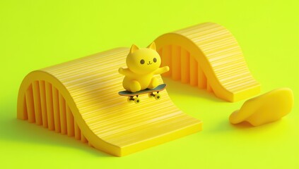 Poster - A playful yellow cat figurine skateboards on ramps against a bright yellow background.