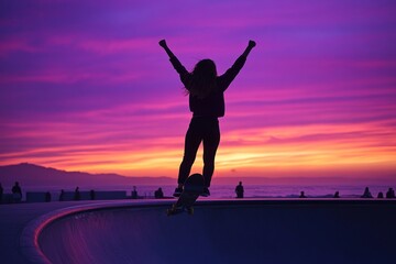 Wall Mural - A silhouetted skateboarder celebrates against a vibrant sunset backdrop.